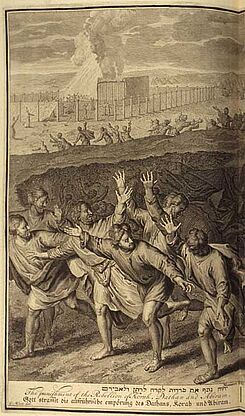 Гибель Корея и его сообщников (Чис. 16:31-35). Иллюстрация из книги «Библейские образы». Гаага, 1728.