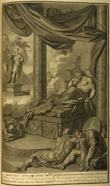 Даниэль разгадывает сон Навуходоносора. Дан. 2:19. Иллюстрация из книги «Библейские образы». Гаага, 1728.