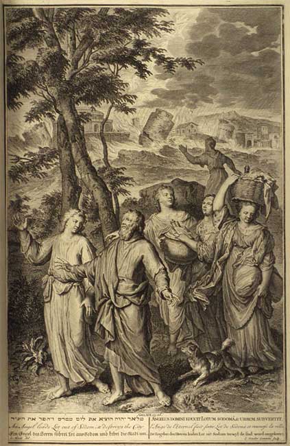 Бегство Лота (Быт. 19:15-26). Иллюстрация из книги «Библейские образы». Гаага, 1728.