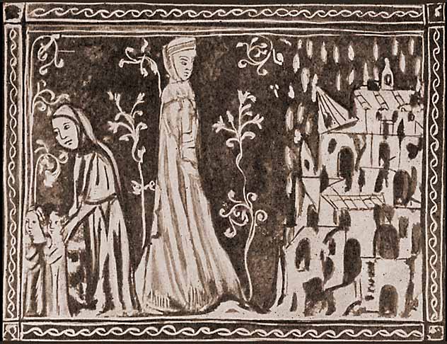 Жена Лота, превращенная в соляной столб. Сараевская Хаггада. Вторая половина 14 в. Jewish Encyclopedia (1901–1906).