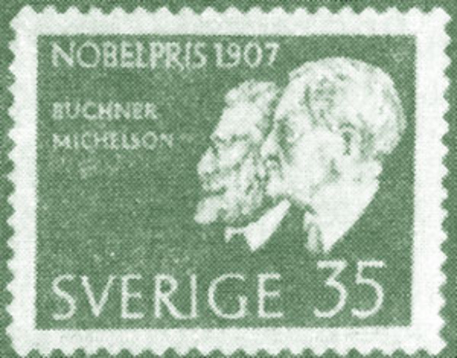 Почтовая марка, выпущенная в Швеции в честь присуждения Нобелевской премии по физике в 1907 г. Один из лауреатов – А. Майкельсон.